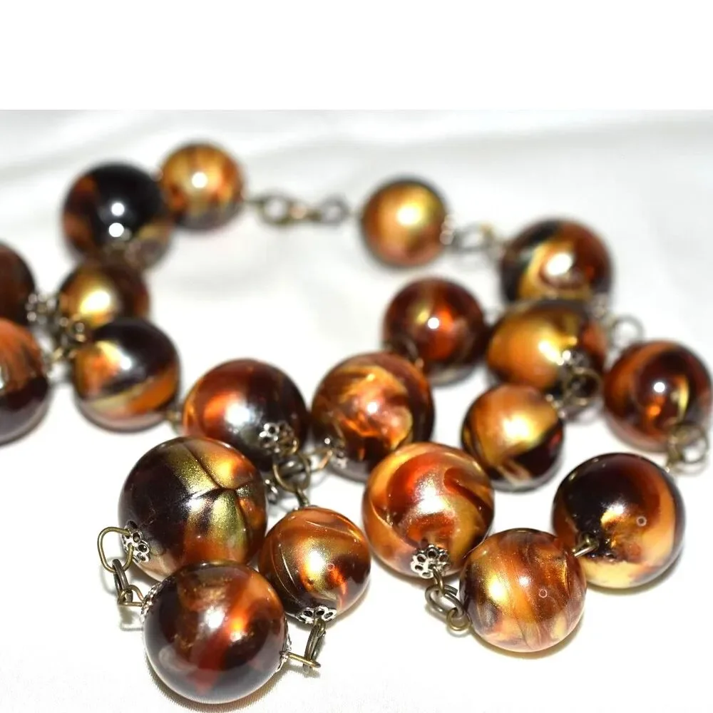 Vintage 60's Golden Swirl Resin Beads Gold Tone Link 24
